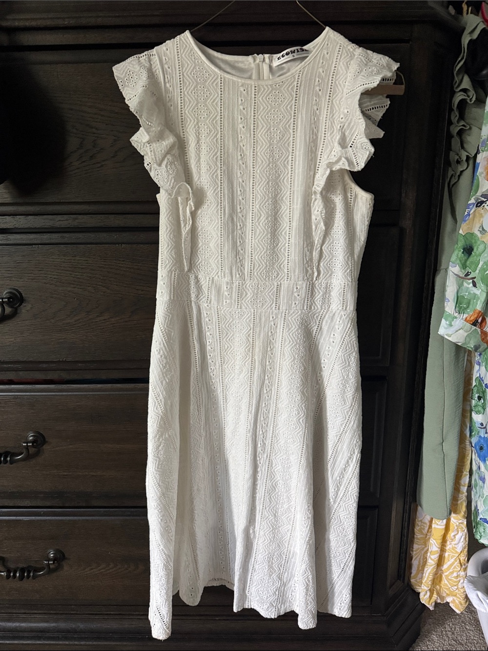 White Eyelet Midi Dress with Ruffle Sleeves